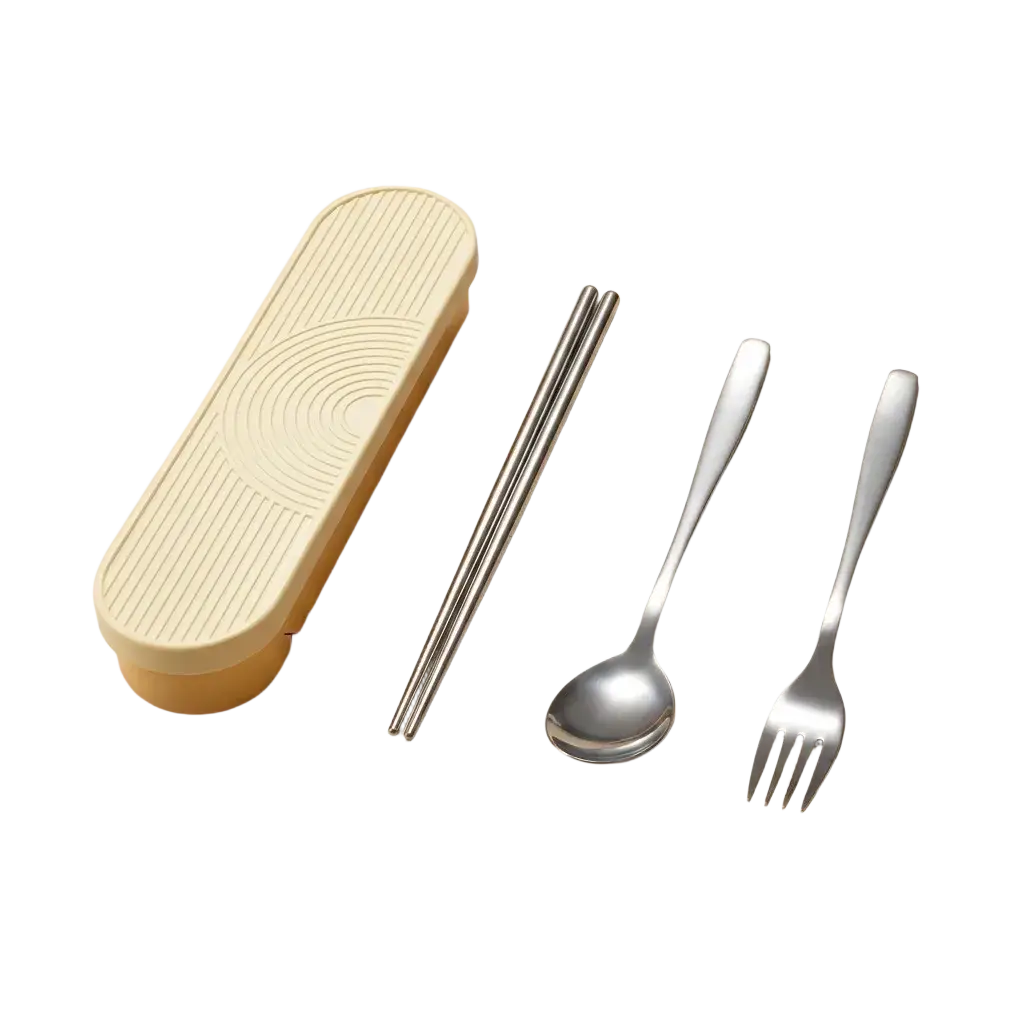 Cream-colored plastic case with ribbed texture holding stainless steel chopsticks spoon and fork travel cutlery set