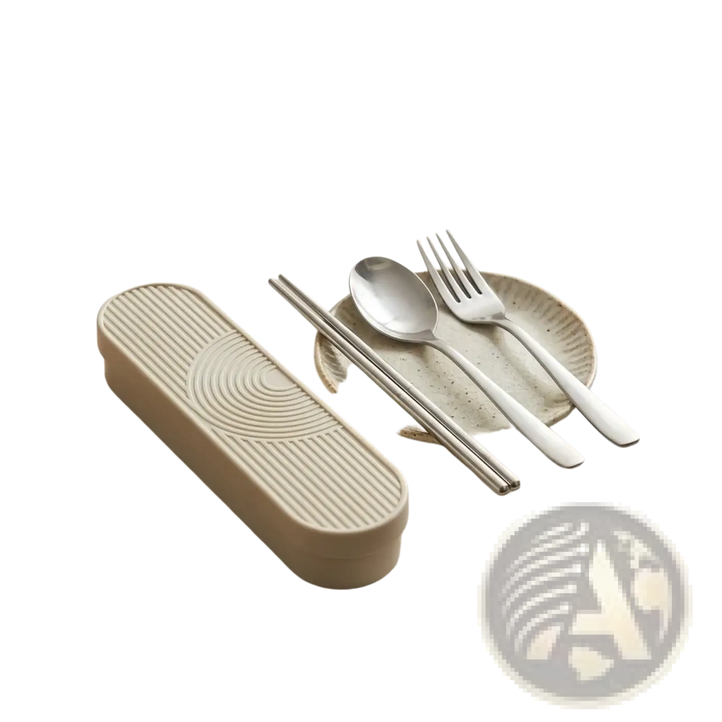 Cream-colored stainless steel travel cutlery set case with subtle concentric circle and horizontal line embossing