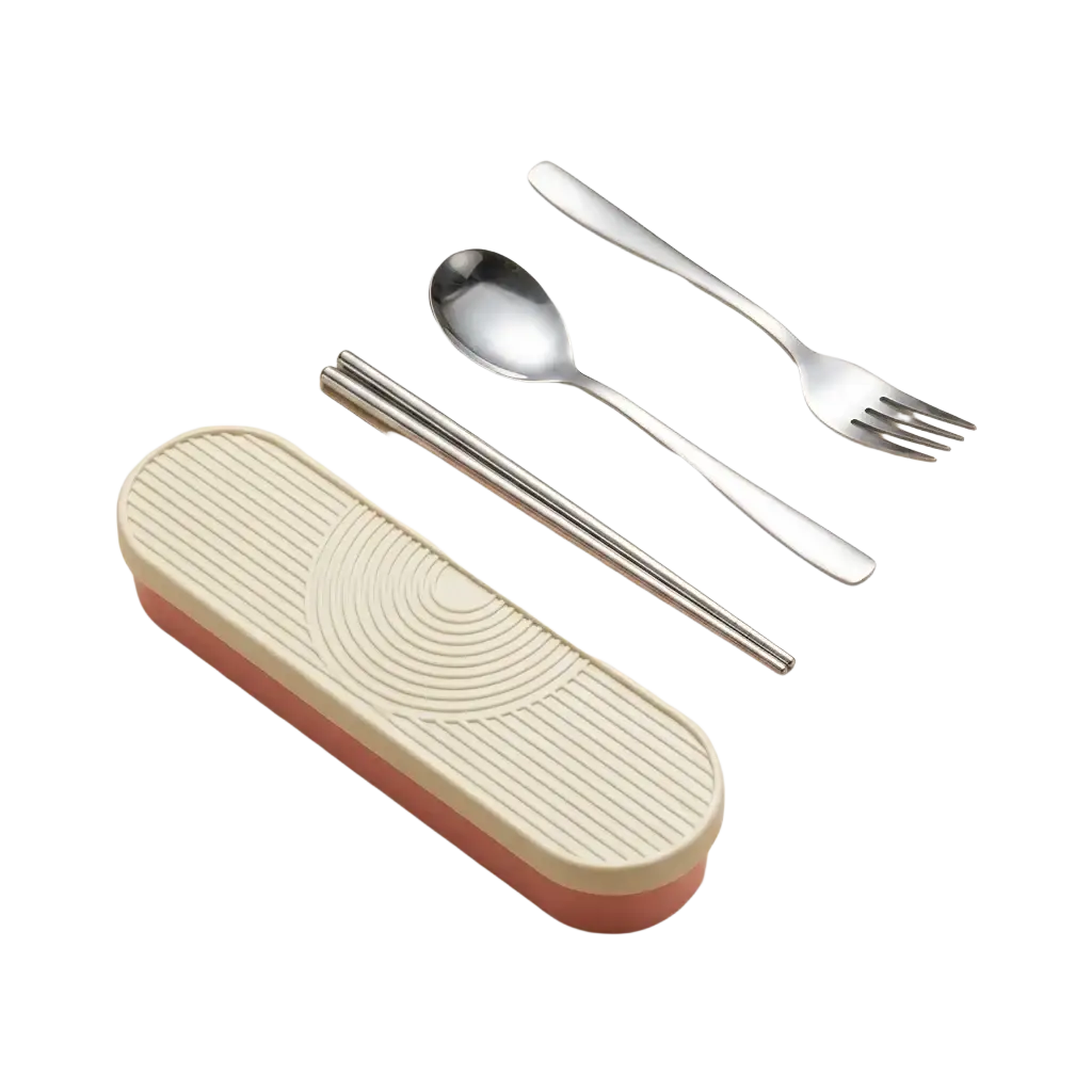 Pink and cream plastic bento box with textured circular lid pattern included in stainless steel travel cutlery set with case