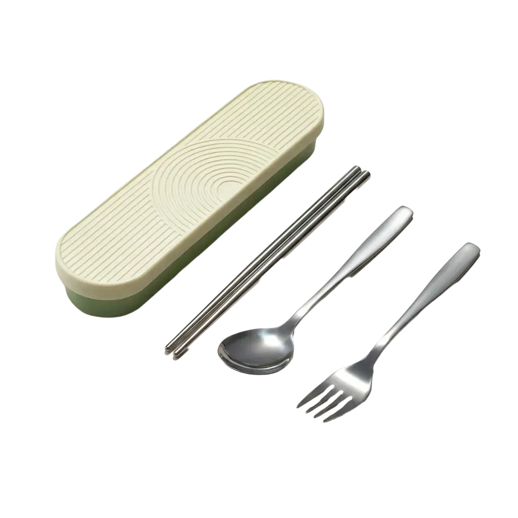 A stainless steel travel cutlery set with chopsticks spoon and fork in a two-toned green and off-white plastic case