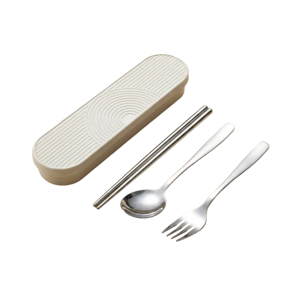 A sleek white plastic case with textured pattern holds a stainless steel travel cutlery set including chopsticks spoon and fork
