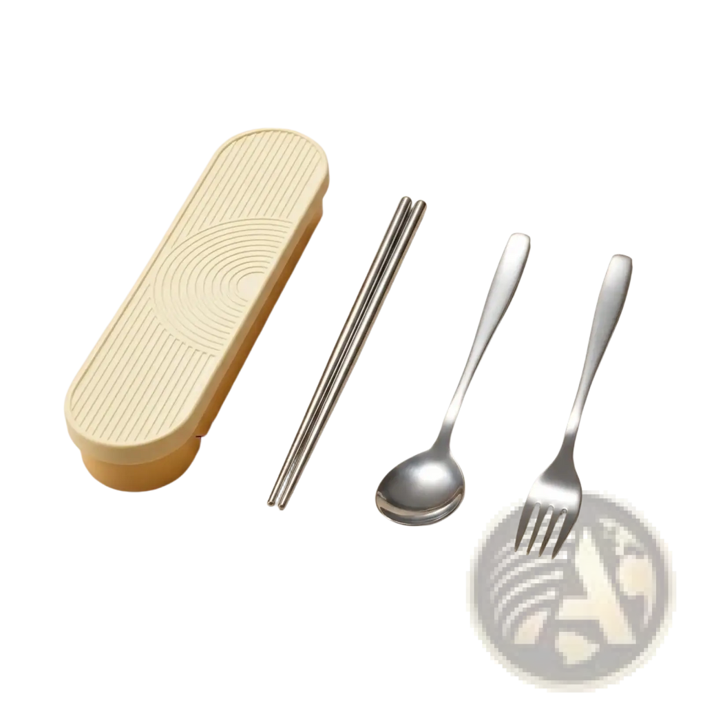 Cream-colored plastic case with ribbed texture holding stainless steel chopsticks spoon and fork travel cutlery set