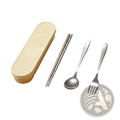 Cream-colored plastic case with ribbed texture holding stainless steel chopsticks spoon and fork travel cutlery set
