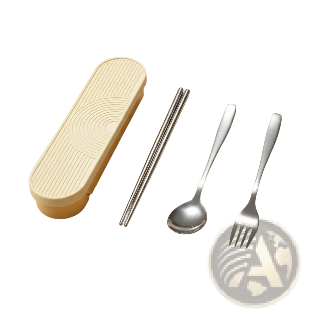 Cream-colored plastic case with ribbed texture holding stainless steel chopsticks spoon and fork travel cutlery set