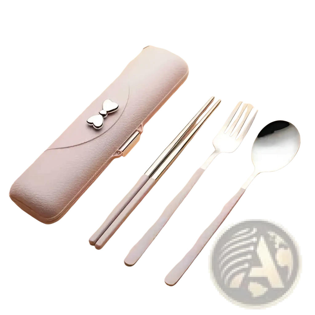 Stainless steel travel cutlery set with pink leather case featuring a silver bow clasp for stylish portability