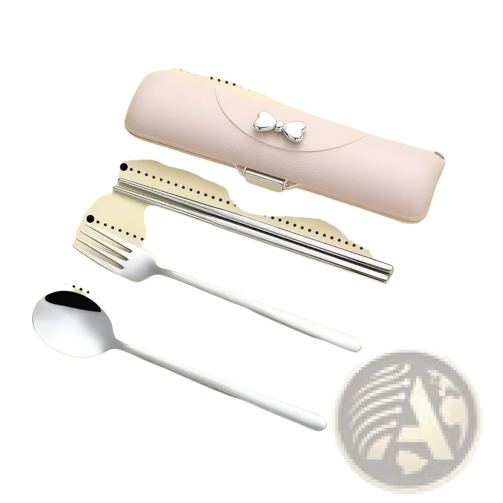 Stainless steel travel cutlery set with pink leather case and silver bow clasp holding chopsticks fork and spoon