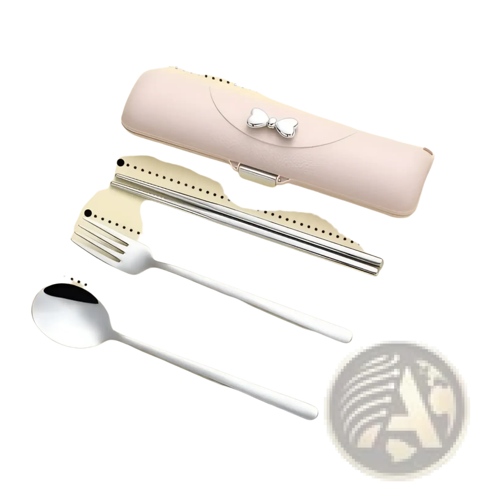 Stainless steel travel cutlery set with pink leather case and silver bow clasp holding chopsticks fork and spoon