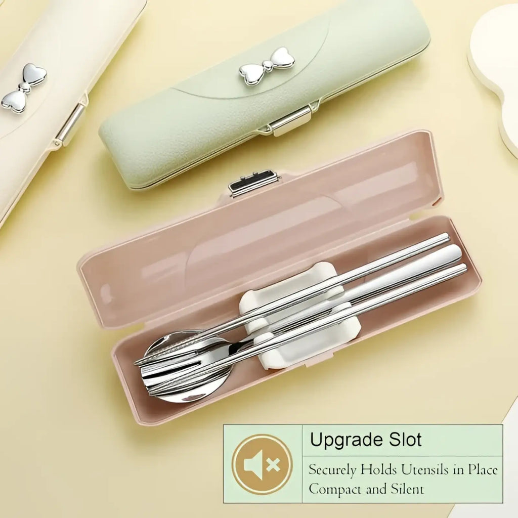 Stainless steel travel cutlery set with pink plastic case pink bow and white silicone utensil holders