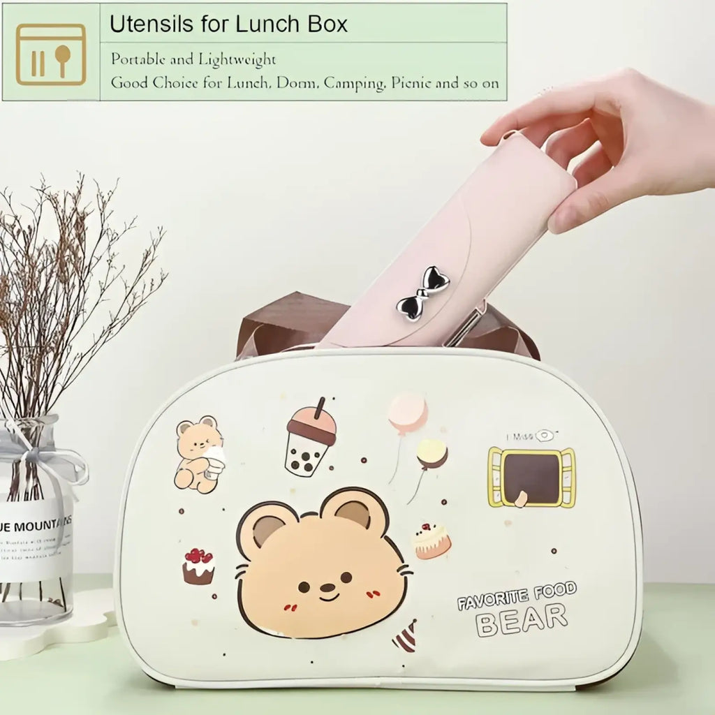 A soft pink stainless steel travel cutlery set case with a cute bear face and food-themed illustrations