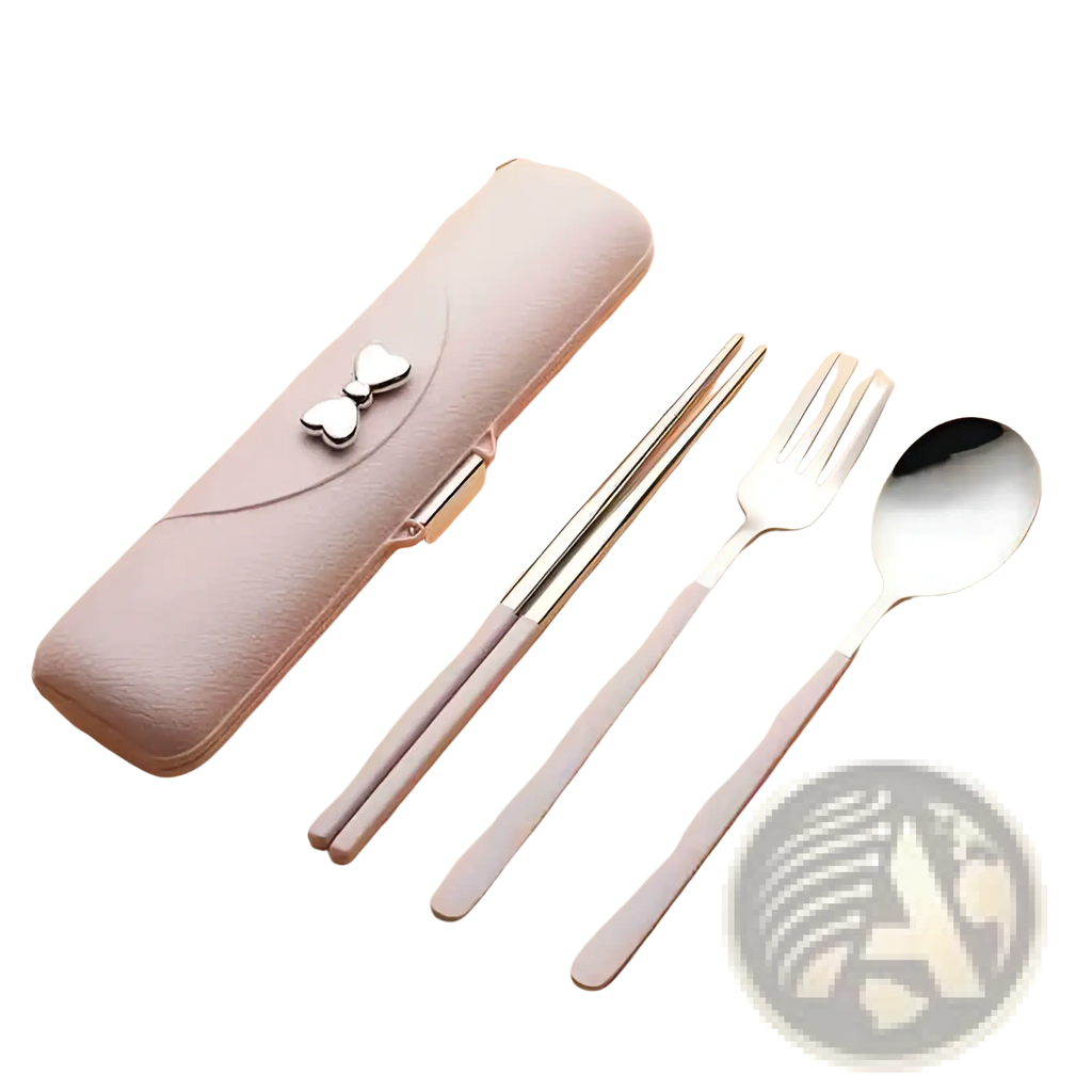 Stainless steel travel cutlery set with pink leather case and silver heart bow clasp for portable use