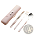 Stainless steel travel cutlery set with pink leather case and silver heart bow clasp for portable use