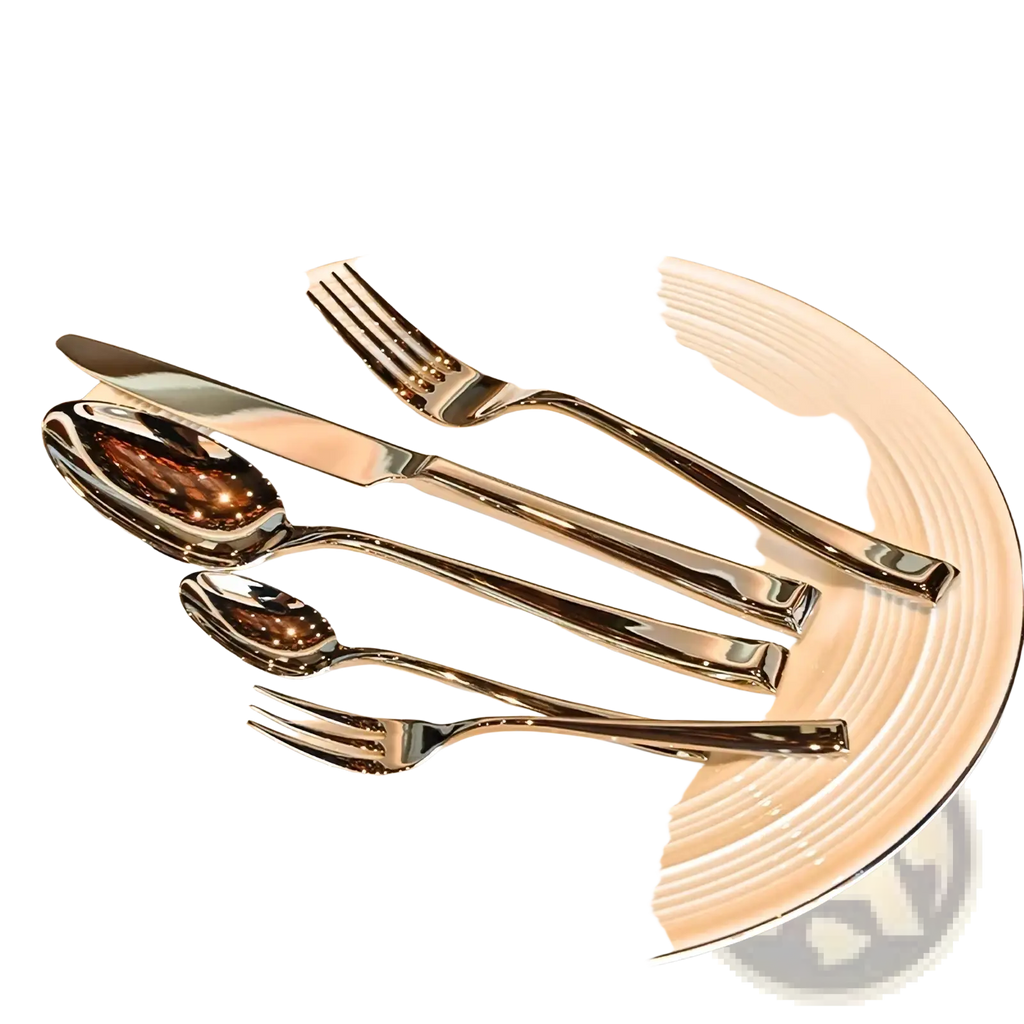 Shiny stainless steel travel cutlery set with sleek modern handles arranged neatly on a white ceramic plate