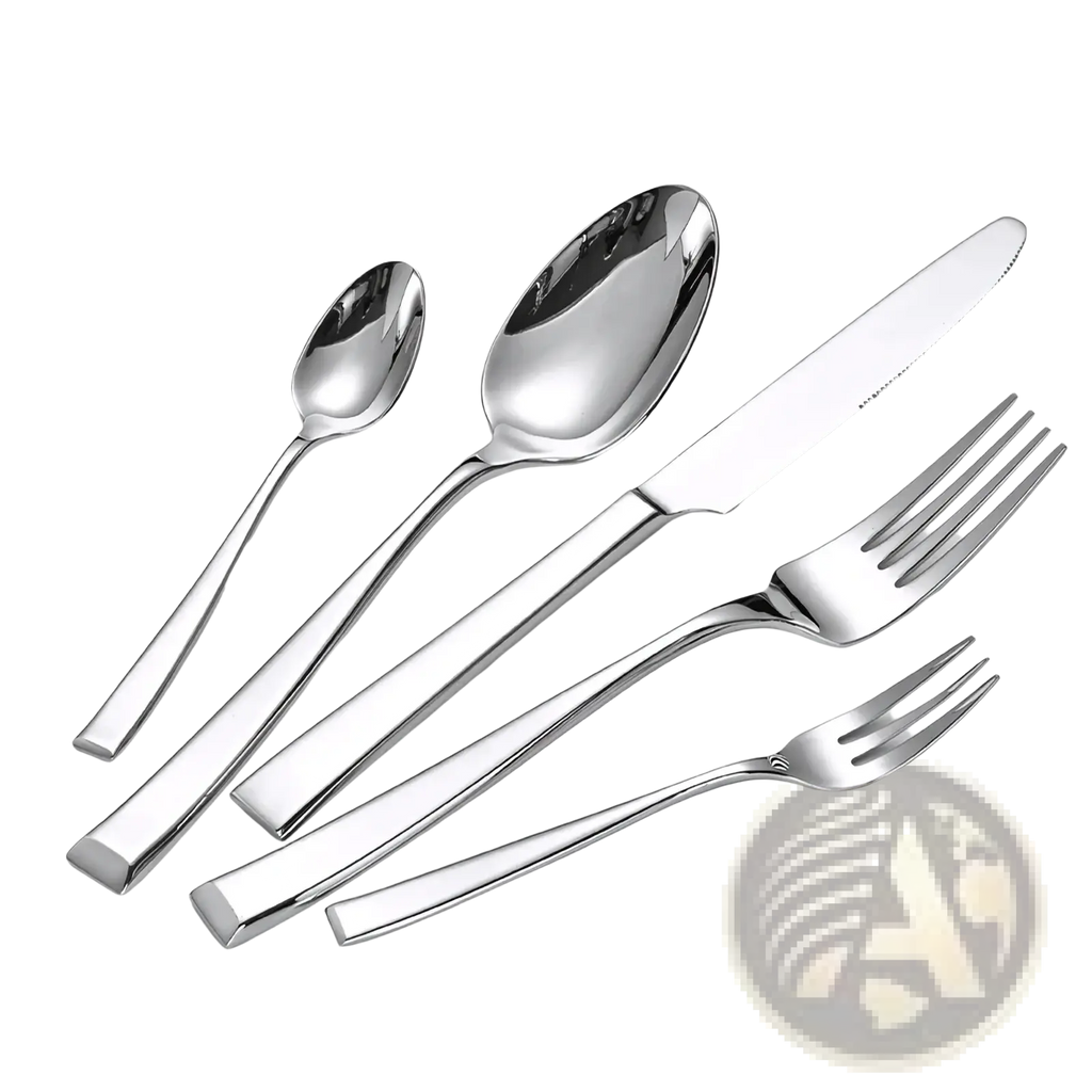 Stainless steel travel cutlery set with shiny polished handles and sleek modern design featuring reflective surfaces