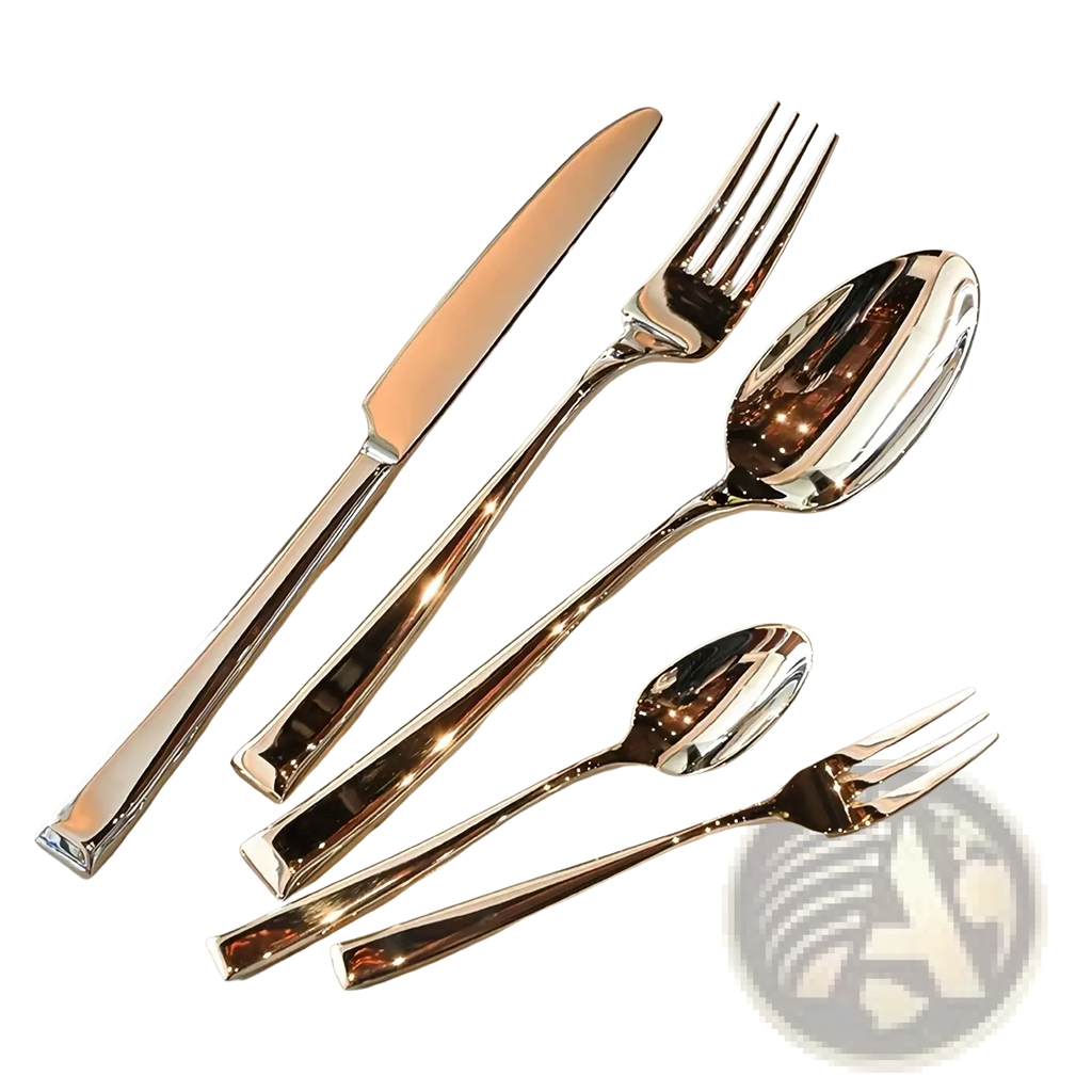 Shiny stainless steel travel cutlery set with knife two forks and two spoons featuring sleek modern handles