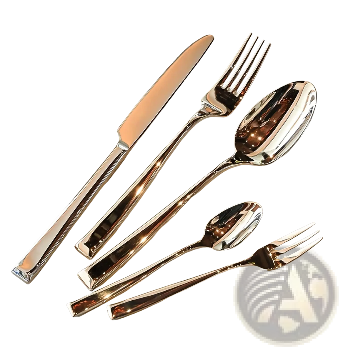Shiny stainless steel travel cutlery set with knife two forks and two spoons featuring sleek modern handles