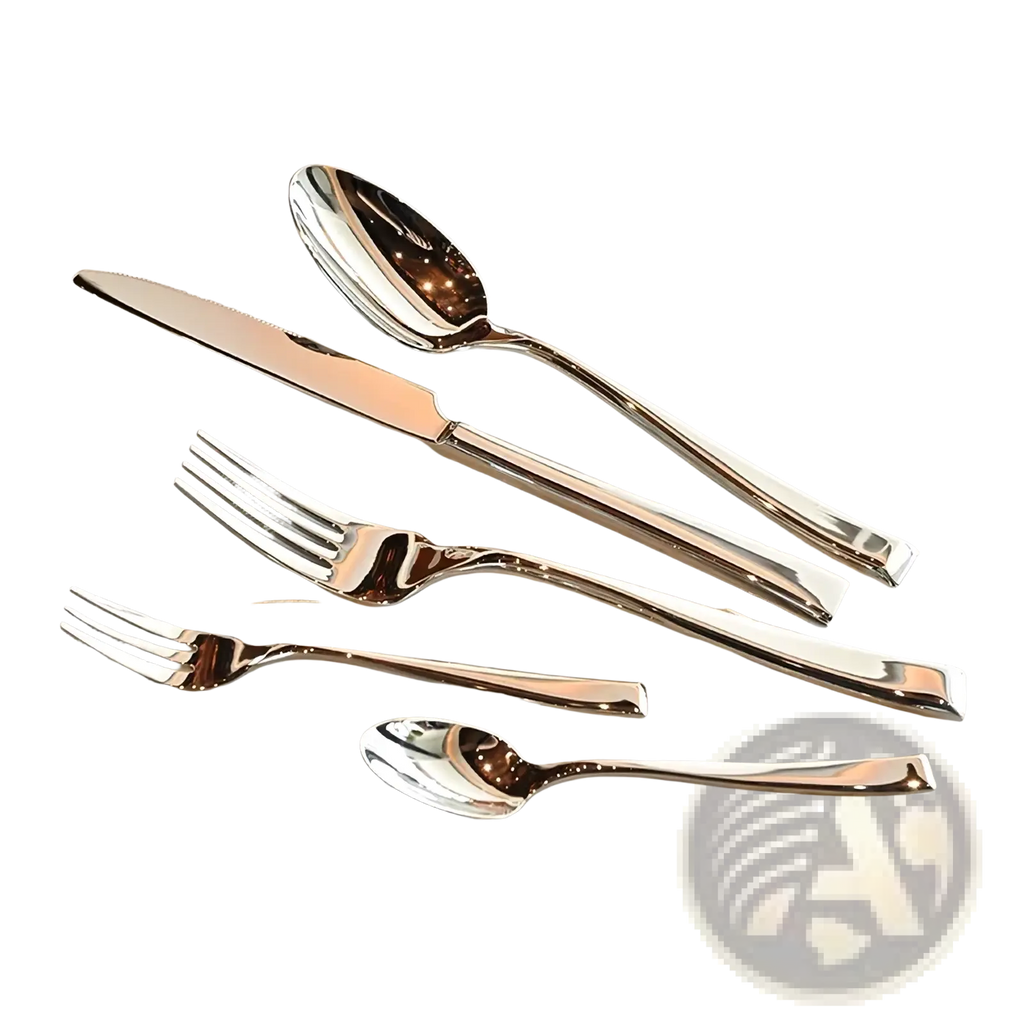 Stainless steel travel cutlery set with shiny polished reflective surfaces and sleek modern handles in silver color