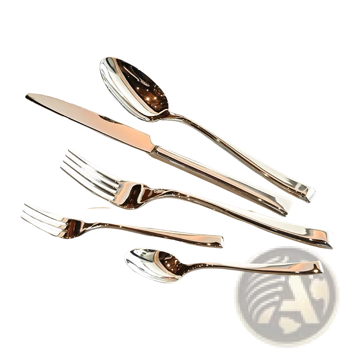 Stainless steel travel cutlery set with shiny polished reflective surfaces and sleek modern handles in silver color