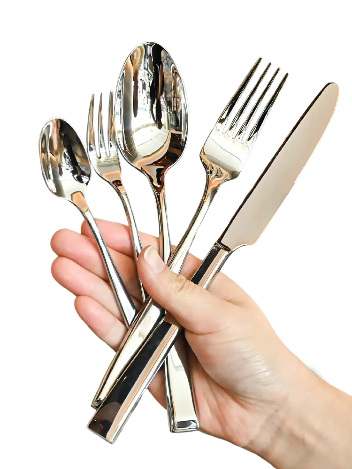 A stainless steel travel cutlery set with sleek polished handles and sharp-edged blades in silver color