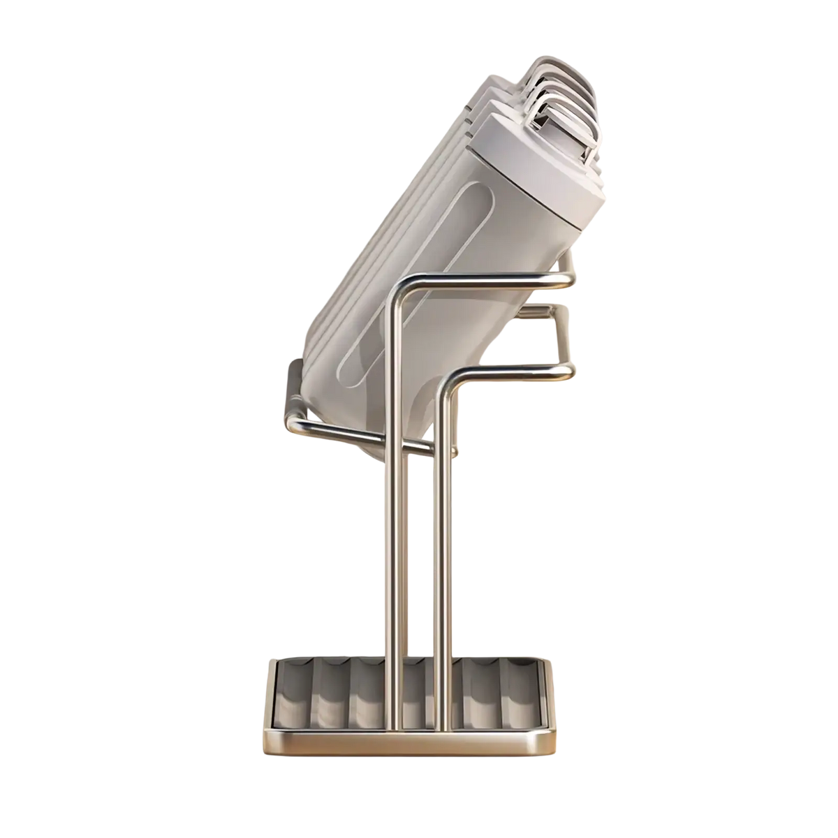 Stainless steel two-tier mug and cup storage rack with a bottle stand holding a stack of white plastic bottles