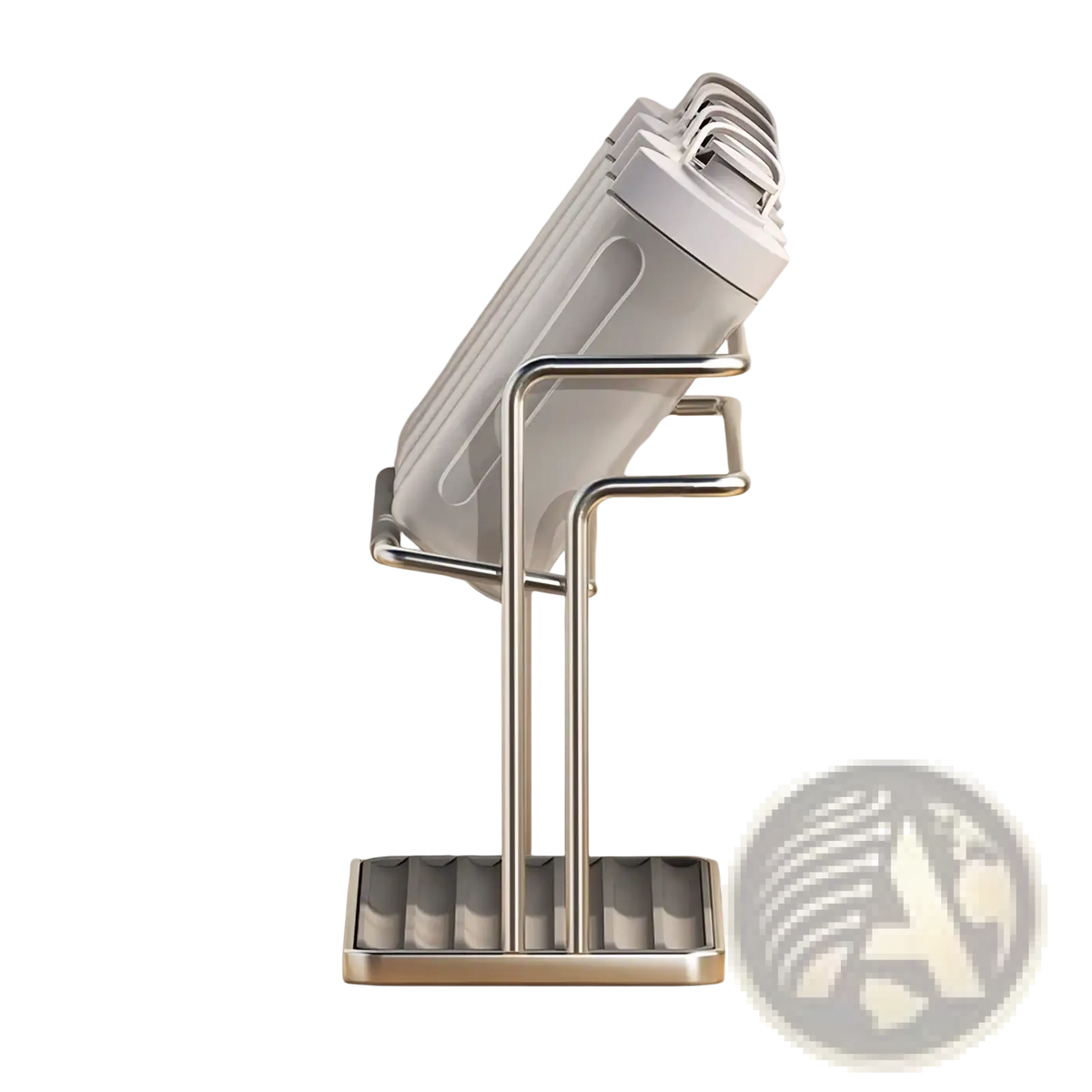 Stainless steel two-tier mug and cup storage rack with a bottle stand holding a stack of white plastic bottles
