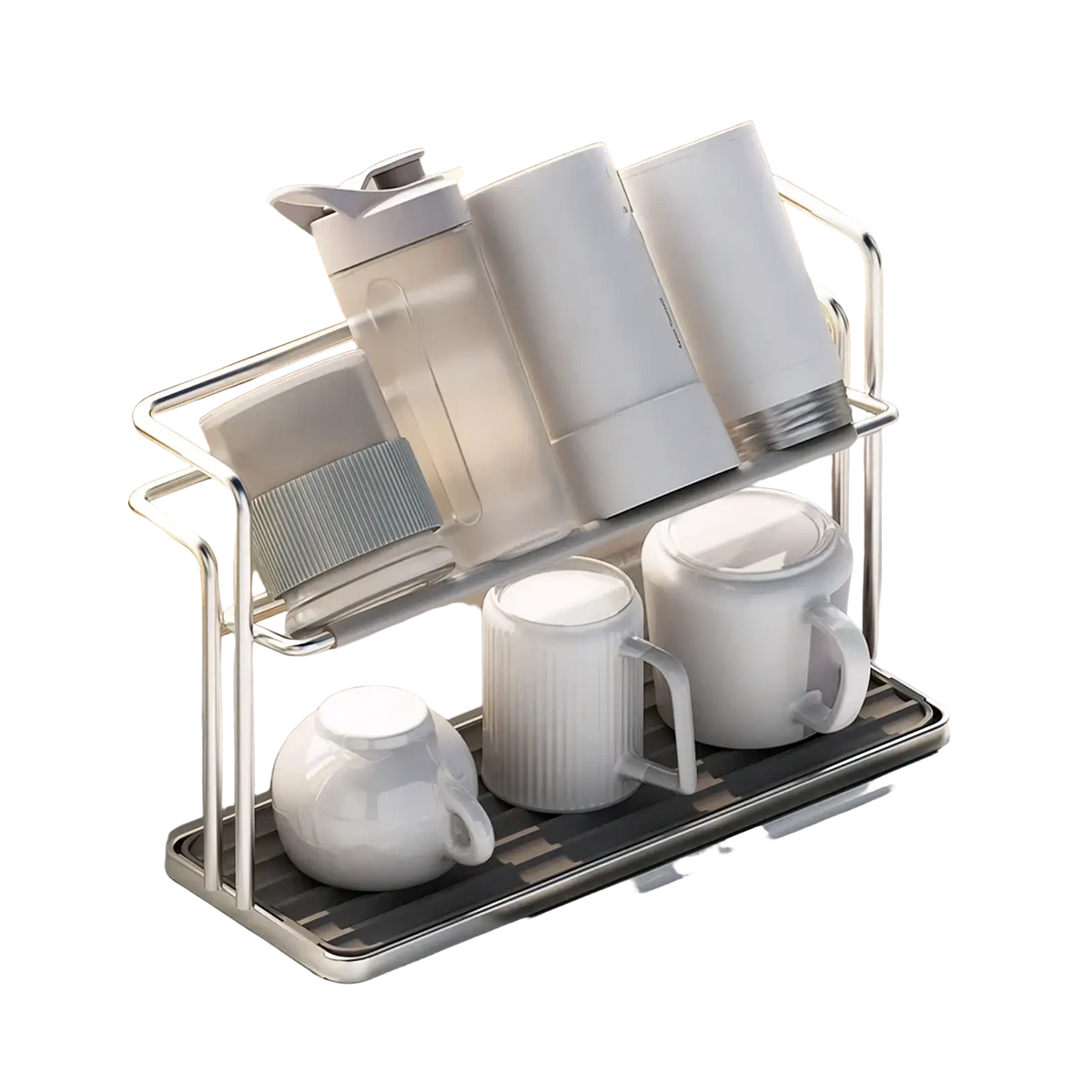 Silver stainless steel two-tier mug and cup storage rack with a black rubberized tray holding white mugs and containers
