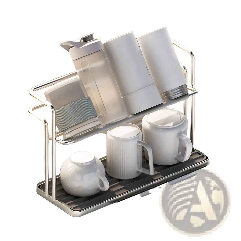 Silver stainless steel two-tier mug and cup storage rack with a black rubberized tray holding white mugs and containers