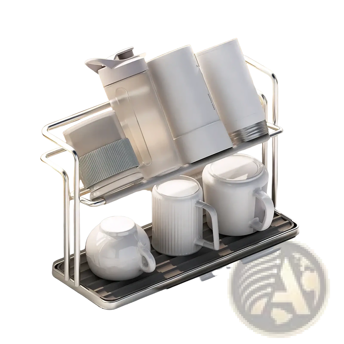 Silver stainless steel two-tier mug and cup storage rack with a black rubberized tray holding white mugs and containers