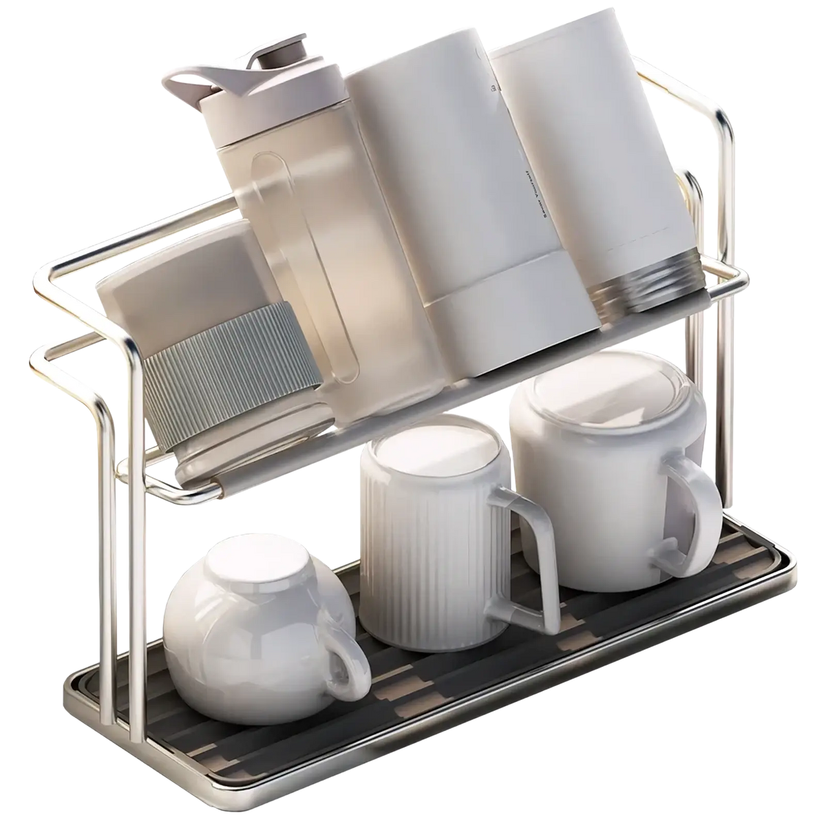 Stainless steel two-tier silver kitchen rack holding white ceramic mugs and translucent storage containers