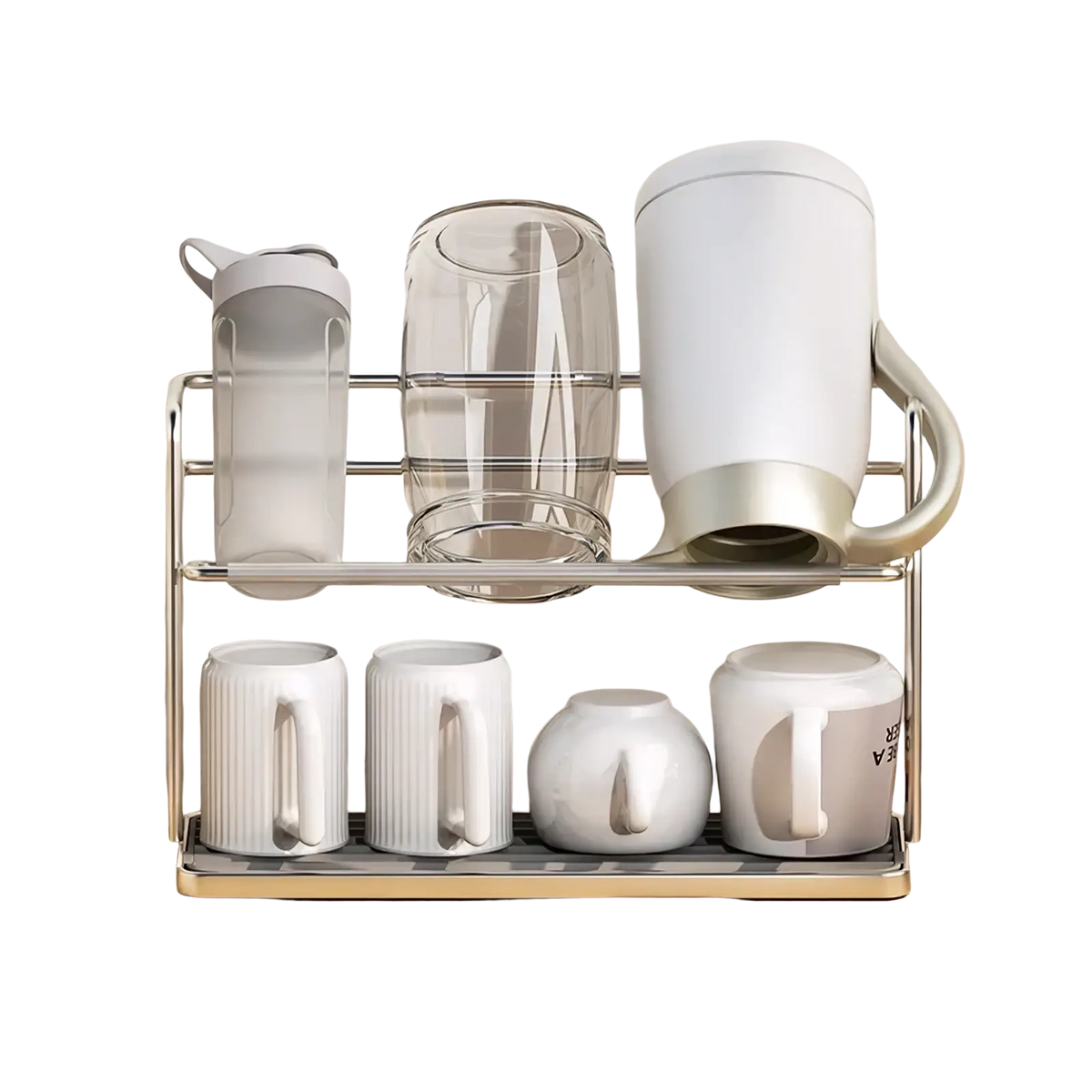 Stainless steel two-tier silver dish rack holding white ceramic mugs clear glass pitcher and frosted water bottle
