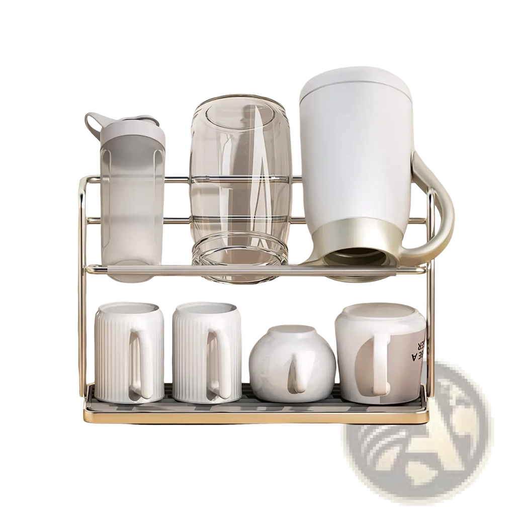 Stainless steel two-tier silver dish rack holding white ceramic mugs clear glass pitcher and frosted water bottle