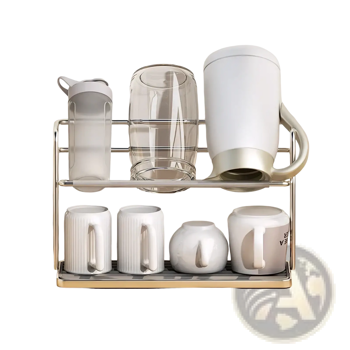 Stainless steel two-tier silver dish rack holding white ceramic mugs clear glass pitcher and frosted water bottle