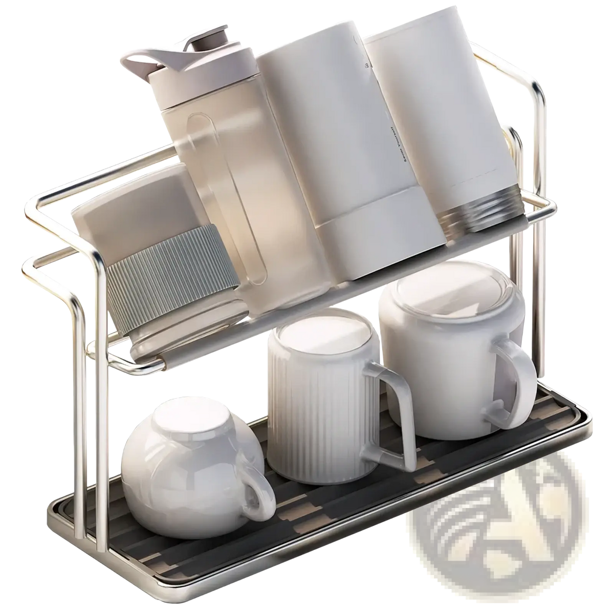 Stainless steel two-tier silver kitchen rack holding white ceramic mugs and translucent storage containers