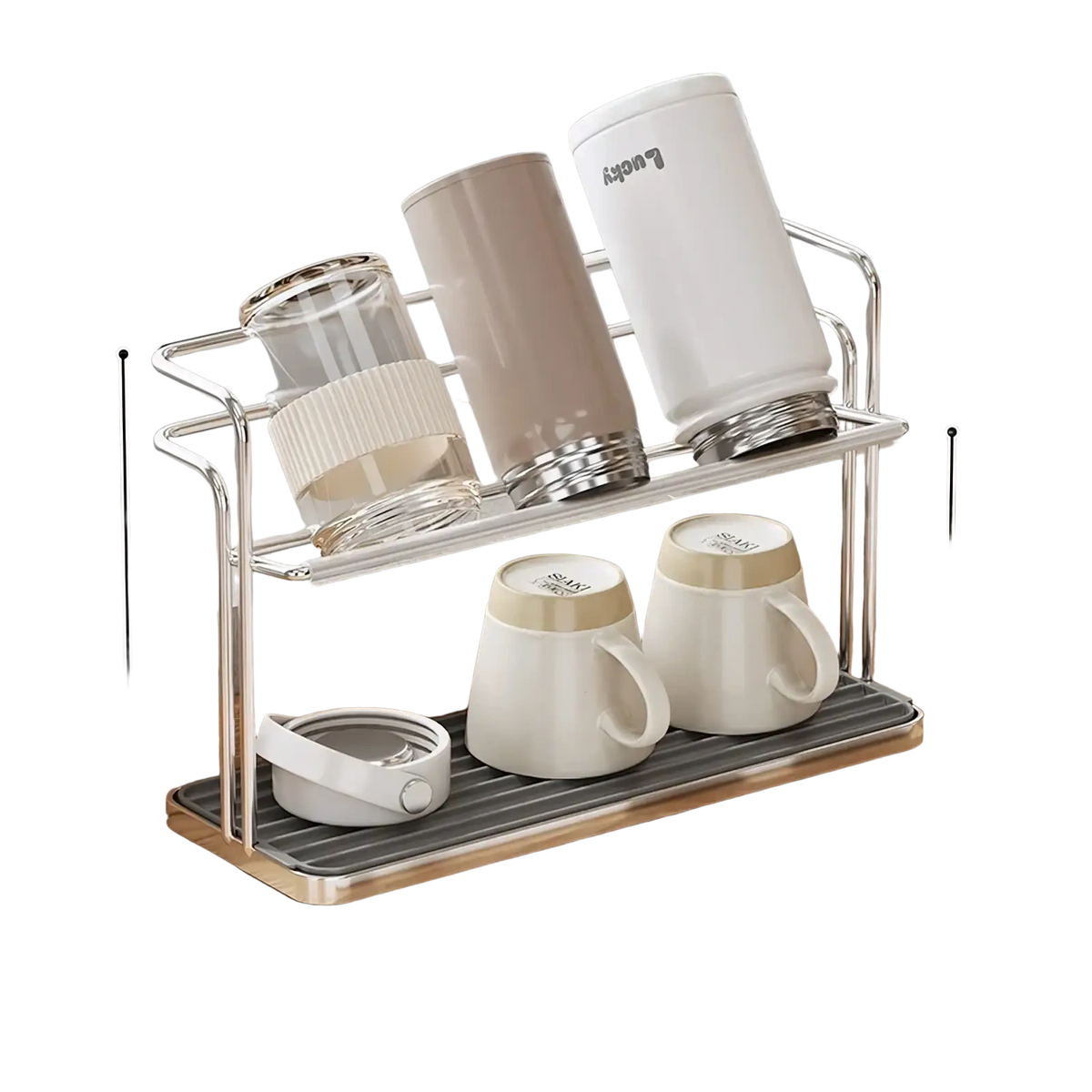 Stainless steel two-tier mug and cup storage rack with silver metal frame wood accents and gray rubberized mat