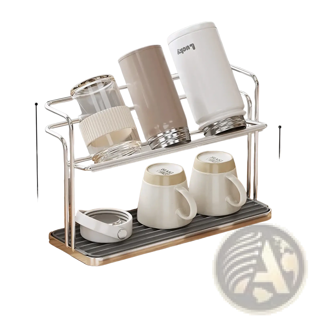 Stainless steel two-tier mug and cup storage rack with silver metal frame wood accents and gray rubberized mat