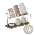 Stainless steel two-tier mug and cup storage rack with silver metal frame wood accents and gray rubberized mat
