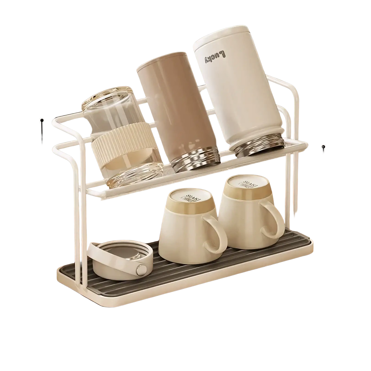 White two-tier stainless steel mug and cup storage rack with gray rubberized drying mat on the bottom tier