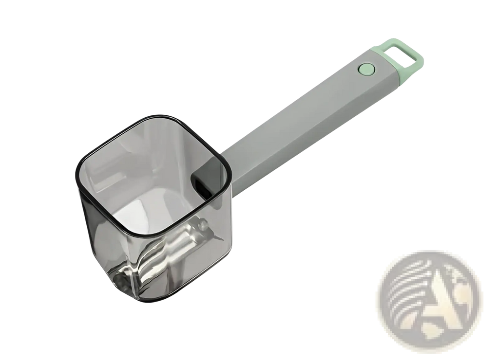 Gray and light green plastic measuring scoop with transparent square bowl beside stainless steel vegetable peeler with gray handle