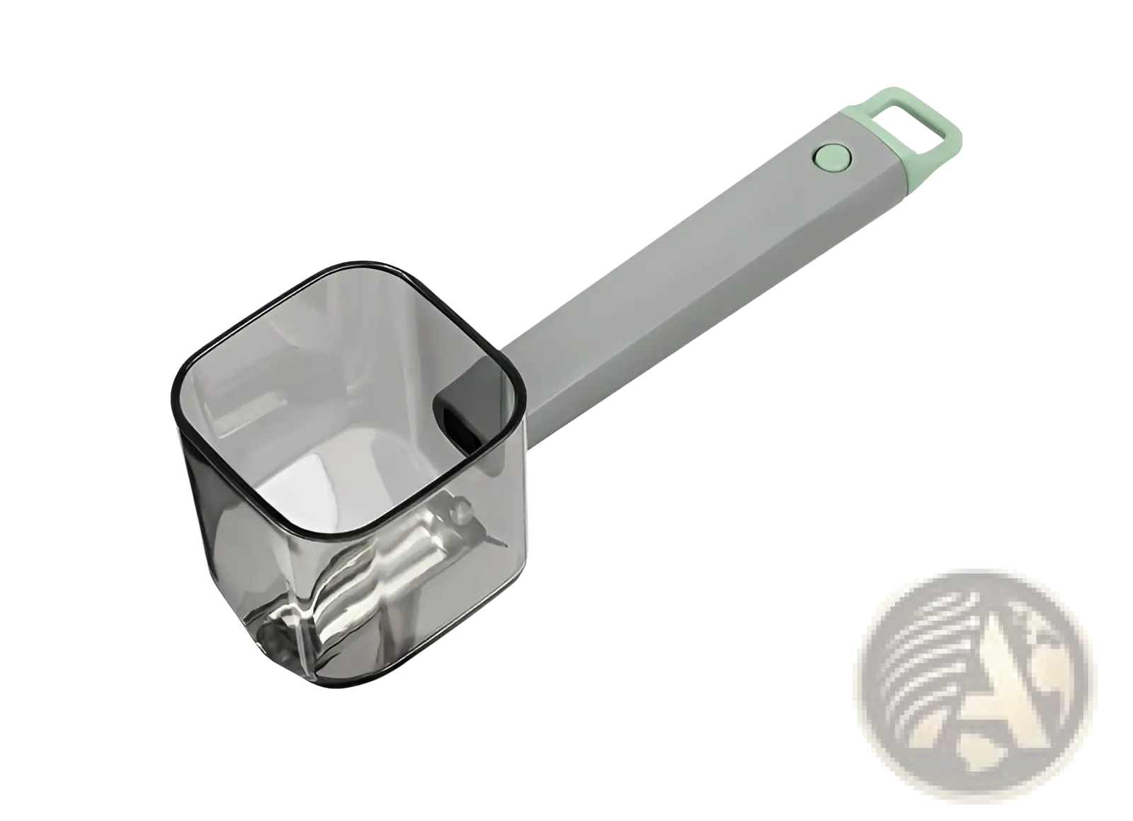 Gray and light green plastic measuring scoop with transparent square bowl beside stainless steel vegetable peeler with gray handle