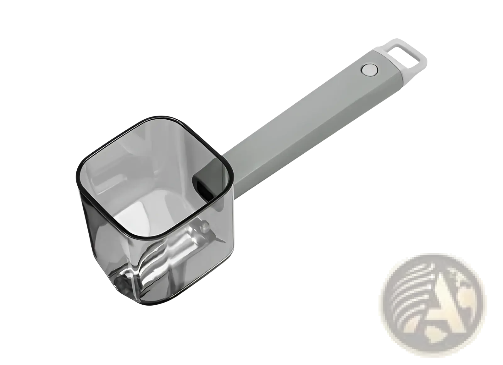Gray plastic measuring scoop with transparent square bowl and looped handle shown with stainless steel vegetable peeler with gray handle