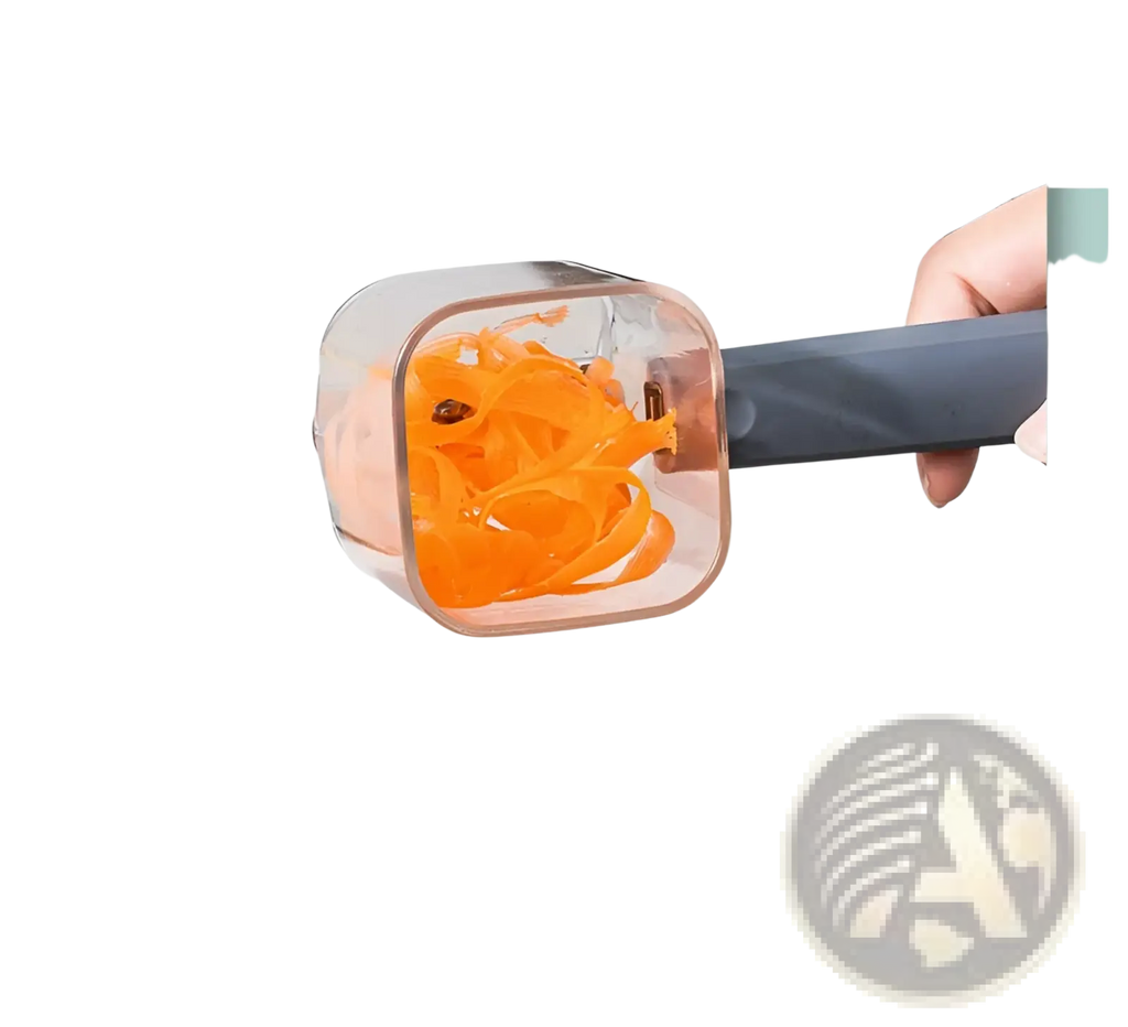 Transparent square-shaped stainless steel vegetable peeler with gray handle filled with orange carrot shavings