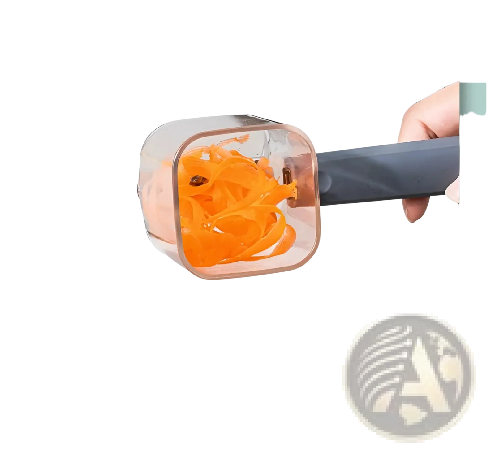 Transparent square-shaped stainless steel vegetable peeler with gray handle filled with orange carrot shavings