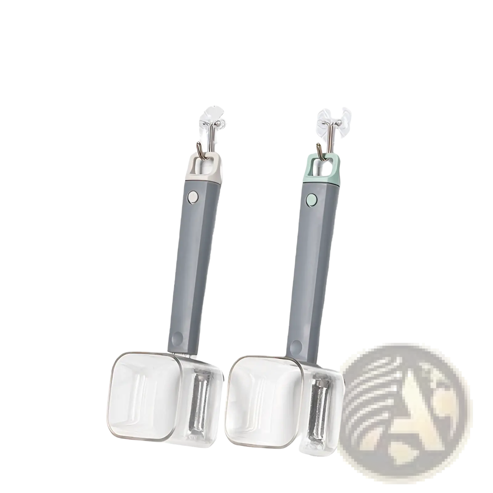 Stainless steel vegetable peeler with gray handle and transparent square blade housing featuring a hanging hook