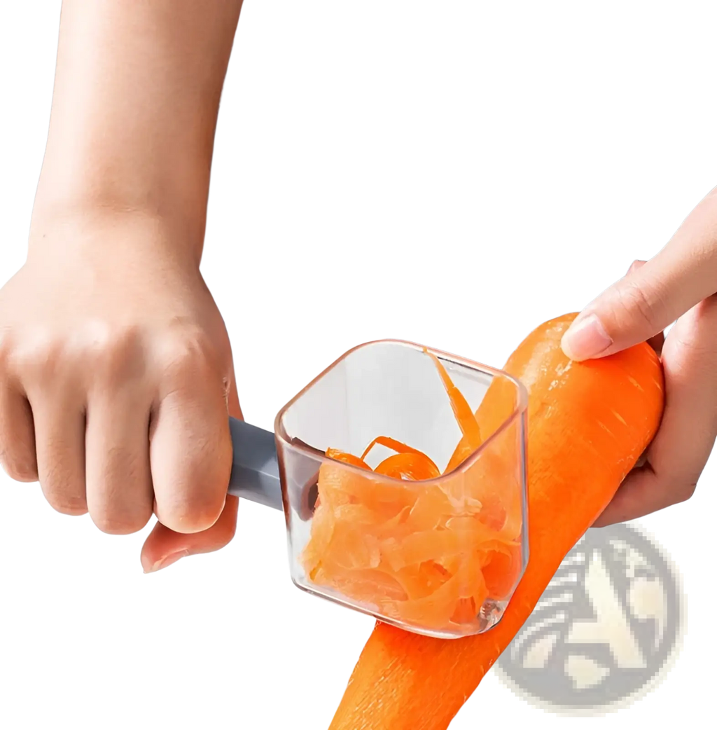 Stainless steel vegetable peeler with gray handle featuring clear plastic container to collect carrot peelings