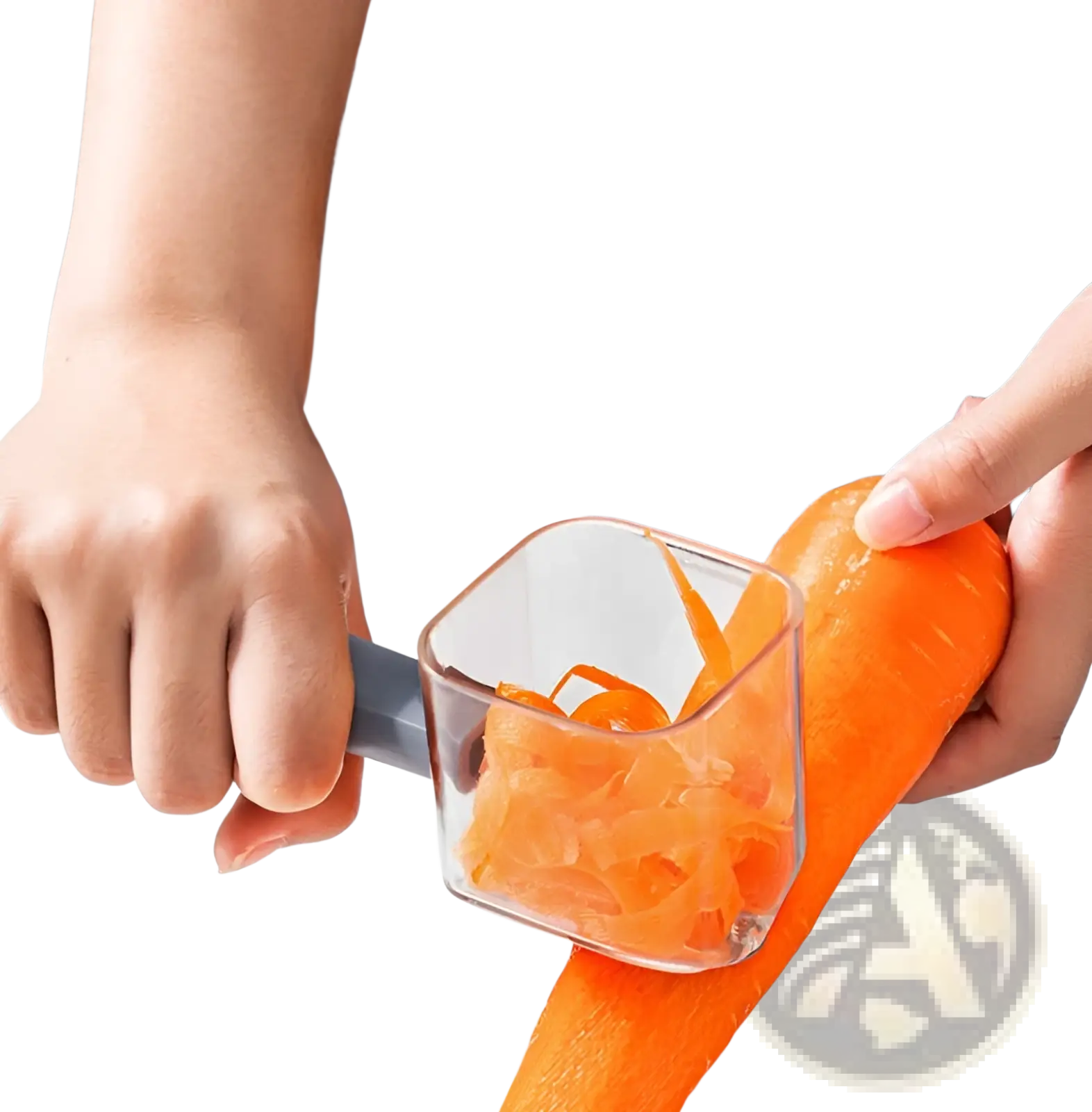 Stainless steel vegetable peeler with gray handle featuring clear plastic container to collect carrot peelings