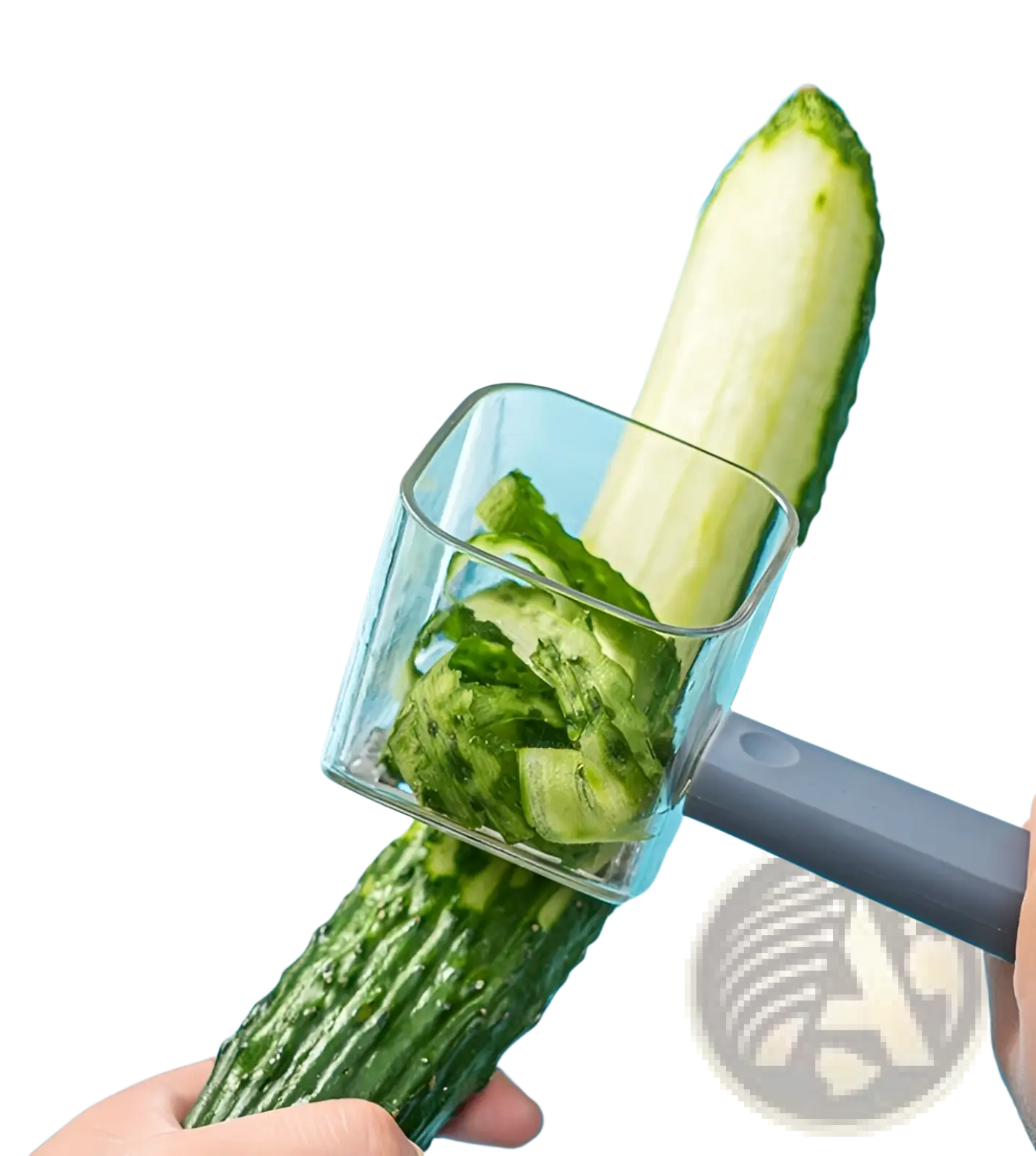 A stainless steel vegetable peeler with gray handle peeling green skin from a fresh cucumber with transparent blade