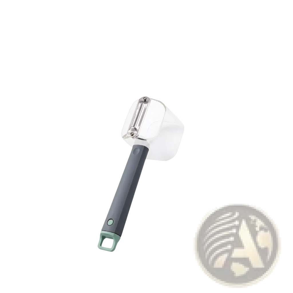 Stainless steel vegetable peeler with gray matte handle and transparent body featuring a stainless steel blade