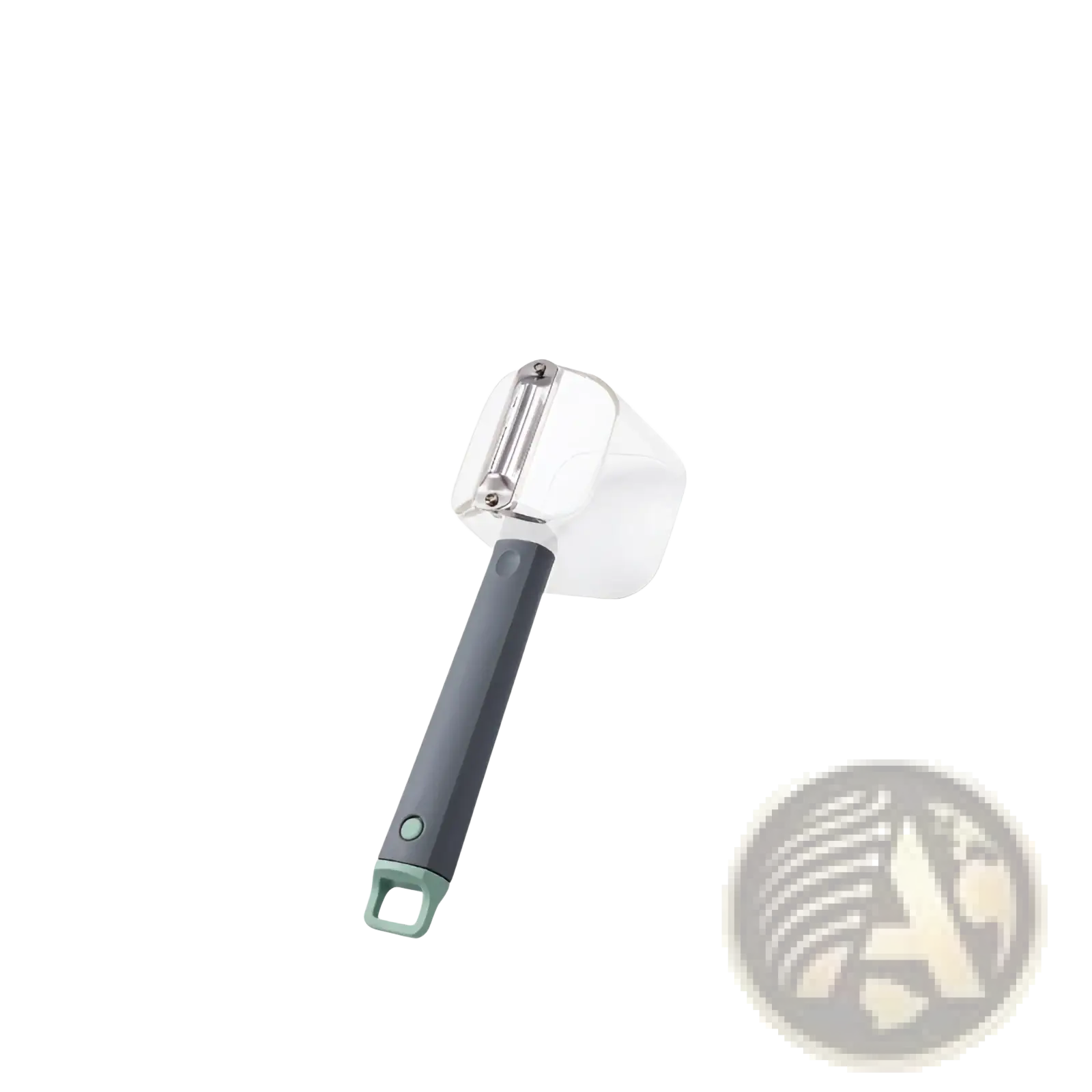 Stainless steel vegetable peeler with gray matte handle and transparent body featuring a stainless steel blade