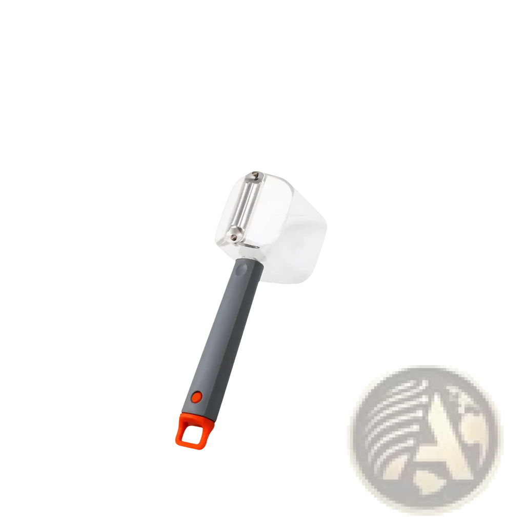Stainless steel vegetable peeler with a 20cm gray handle and orange accents for efficient peeling