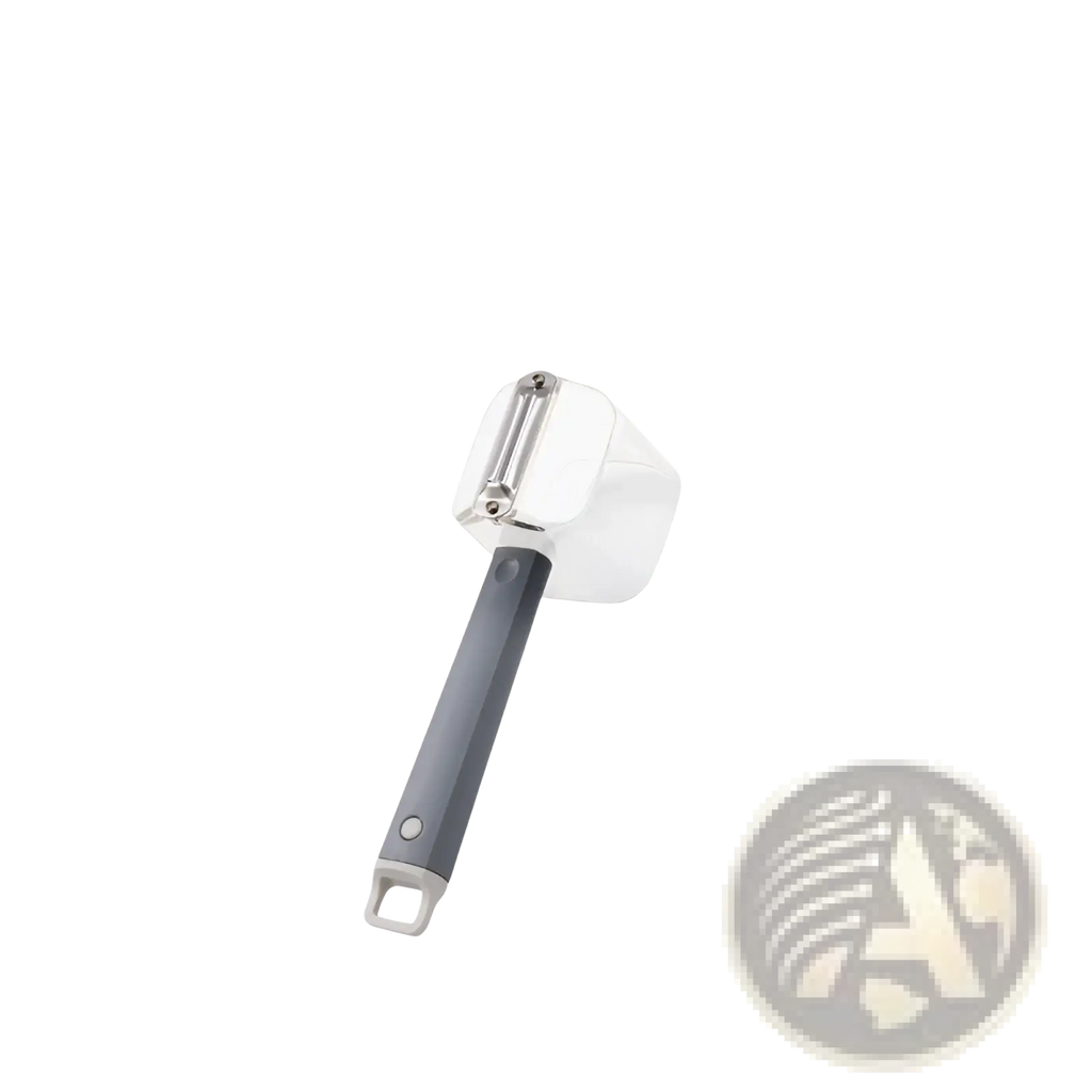 Stainless steel vegetable peeler with gray ergonomic handle and stainless steel blade for easy peeling tasks