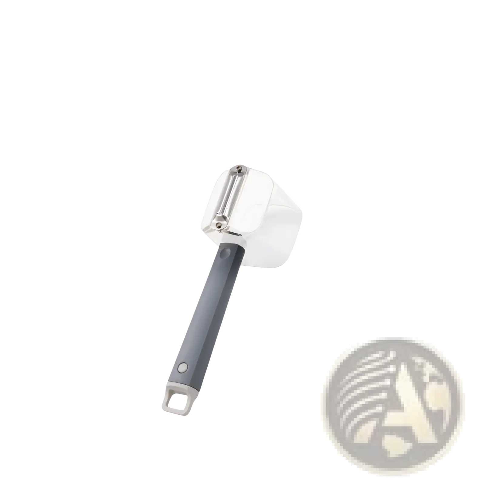 Stainless steel vegetable peeler with gray ergonomic handle and stainless steel blade for easy peeling tasks